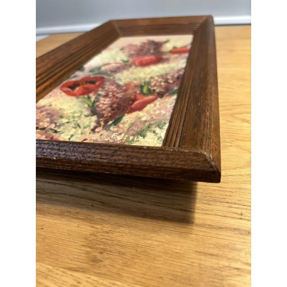 Vintage Oil on Board Mid Century BEAUTIFUL Floral Tulips Lilacs Wood Frame